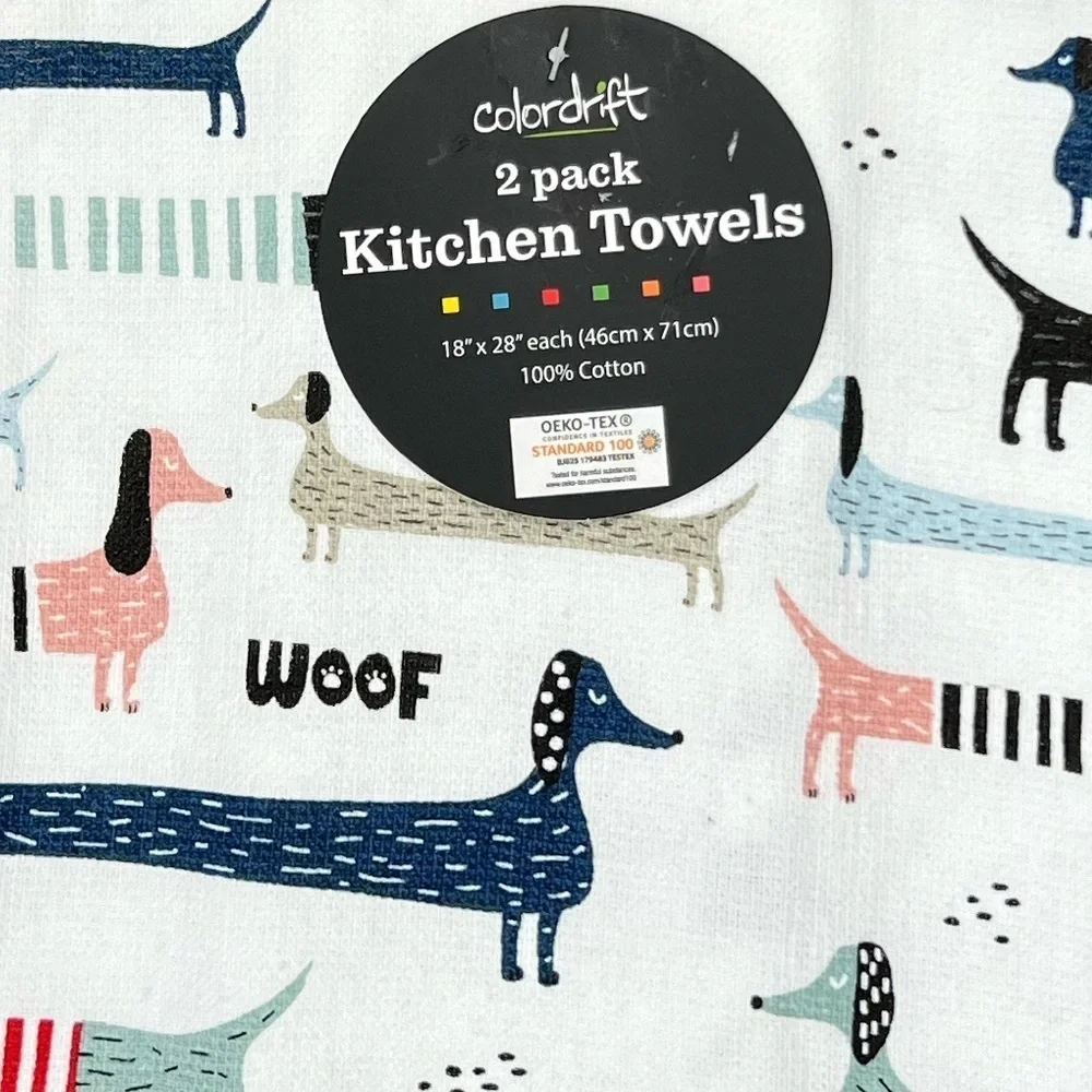 Colordrift - ‘Barking Dachshunds’ dis towels (2). NWT *Last One! Firm!